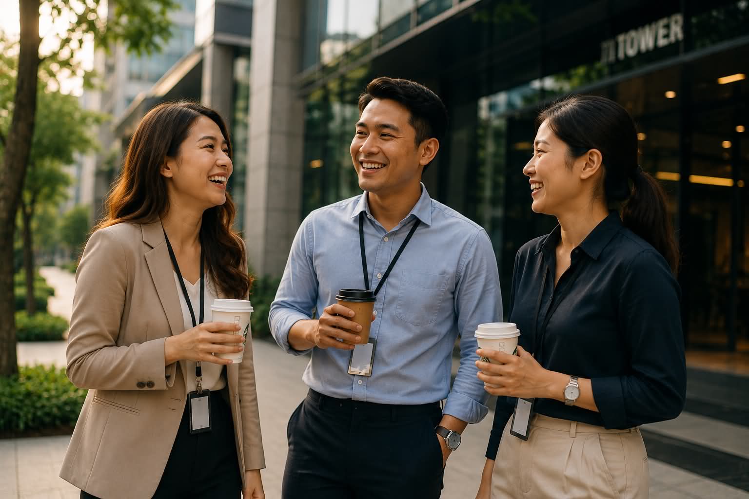 Three office professionals wearing lanyards walking together outside a business district tower