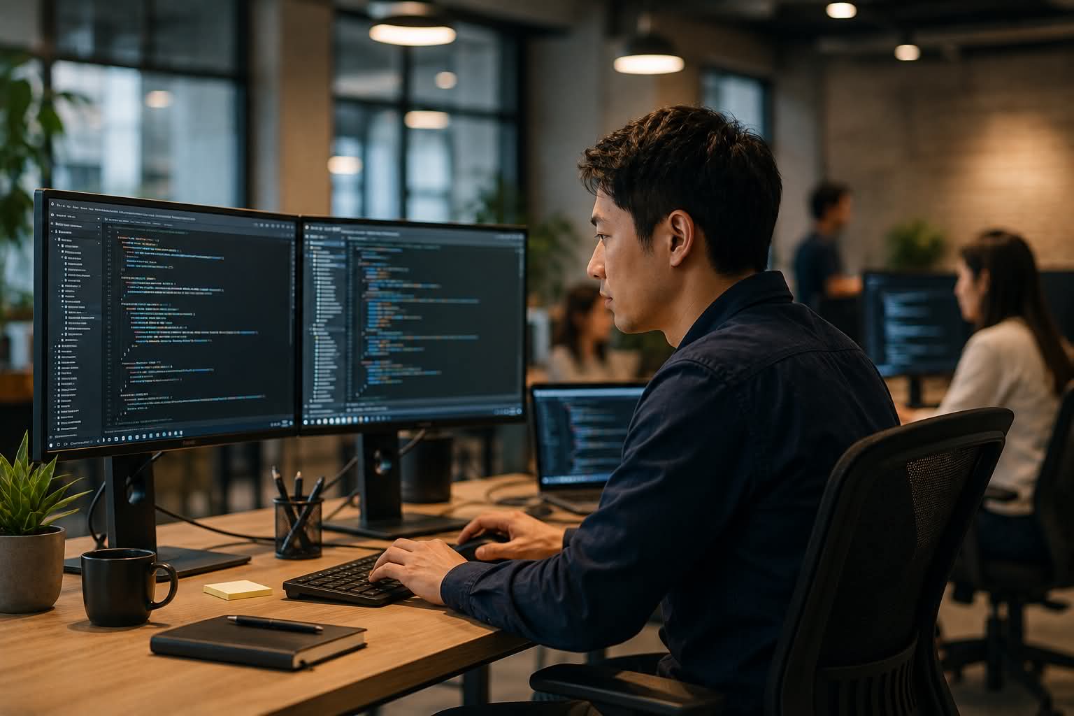 A software developer working at a two monitor desk in an open plan office