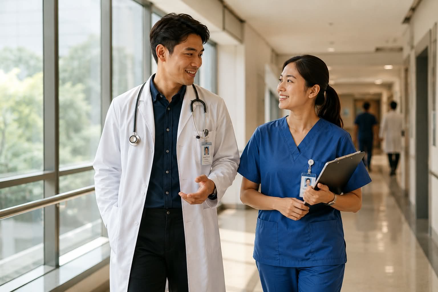 A doctor and a nurse talking together as they walk through a hospital corridor